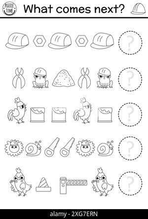Was kommt als Nächstes? Logische Schwarzweiß-Aktivität auf der Baustelle mit Schutzhelm, Werkzeugen. Arbeitsblatt für Bauarbeiten, Reparatur-Service-Logik. C Stock Vektor