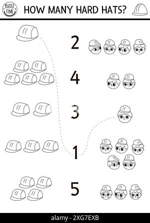 Das schwarz-weiße Baustellenspiel mit den Bauarbeitern und Schutzhelm. Bauarbeiten mathematische Aktivität für Kinder. Reparaturservice Schulungsmaterial Stock Vektor