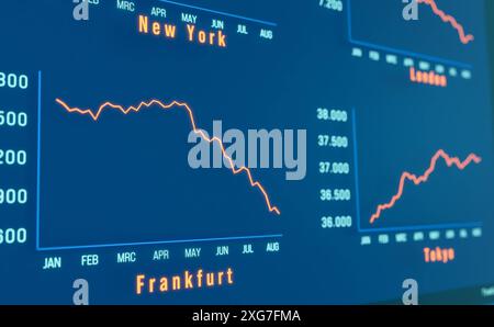 Nahaufnahme der Börsenindex-Charts Frankfurt und Tokio. Nahaufnahme der Börsenindex-Charts Frankfurt und Tokio. Geschäft, Handel, Investition, Diagramm, Linie, Börsen- und Börsenkonzept. Img Stock market051s02 index Charts Stockfoto