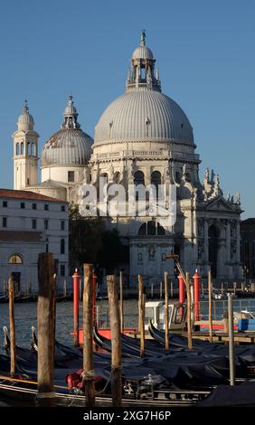 Gondeln, die auf dem Canal Grande vertäut sind, Briccole, die Kuppeln der Basilika Santa Maria della Salute in der Morgensonne, im Sommer in Venedig, Italien Stockfoto