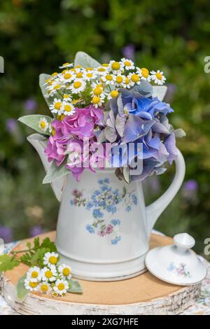 Blumenstrauß mit Hortensie, Fieber und Lammohrblättern in einer Vintage-Kaffeekanne im Sommergarten Stockfoto