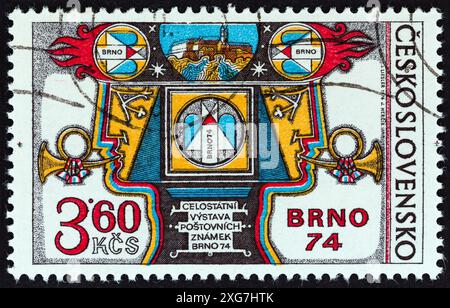 TSCHECHOSLOWAKEI - UM 1974: Eine in der Tschechoslowakei gedruckte Briefmarke, ausgestellt für die nationale Briefmarkenausstellung BRÜNN 74, zeigt die Ausstellung Allegory Stockfoto
