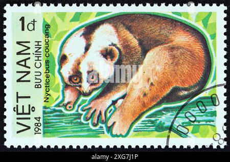 VIETNAM - UM 1984: Eine in Vietnam gedruckte Marke aus der Ausgabe „Protected Animals“ zeigt Sunda Slow loris (Nycticebus coucang) Stockfoto