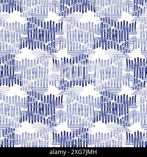 Indigoblau Stickeffekt abstrakter Vektor nahtloser Muster Hintergrund. Modernes maskulines Grafikdesign für den Trend der Handarbeit mit Blockmuster. Stock Vektor