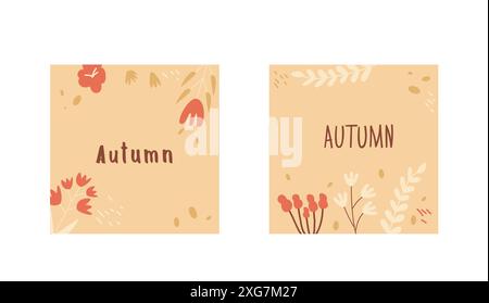 Herbstbanner und Einladungsvorlagen. Naive Hintergründe festgelegt. Handgezeichnete Vektorgrafik. Stock Vektor