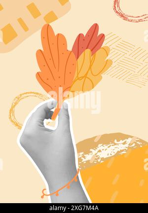 Herbstcollage Hintergrund. Die Hand hält herabfallende Blätter. Naive Scribble-Vorlage für Karte und Einladung. Vektordarstellung gemischt. Stock Vektor