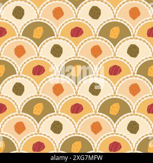 Farbenfrohes, nahtloses Muster mit Edelsteinen. Ausschnitte abstrakter stilisierter Hintergrund für die Wiederholung von Muschelmuscheln. Endlose Retro-Abdeckung. Handgezeichnete Vektorgrafik. Stock Vektor