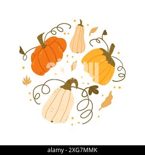 Kreisförmiges Kürbisemblem in verschiedenen Formen und Farben. Strukturiertes, herbstlich reifes Ernteabzeichen. Vektor Hand gezeichnet flach Kit Abbildung isoliert o Stock Vektor