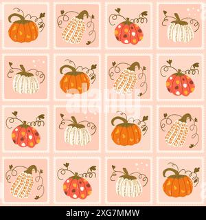 Verschiedene Kürbisse karierten nahtlosen Muster. Bento Box Herbsternte wiederholen Hintergrund. Herbstliche festliche Retro-Stempel mit endlosem Design. Vektor Hand gezeichnet i Stock Vektor