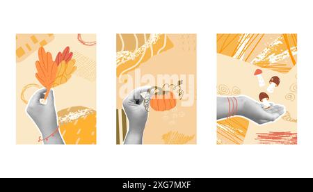 Herbstcollage Hintergrund gesetzt. Handaufkleber mit herabfallenden Blättern, Kürbis und Pilzen. Scribble vertikale Vorlagen für Feiertage. Vektor gemischt i Stock Vektor