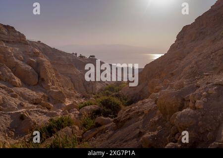 Die Landschaft ist Bergtal in der trockenen Wüste von ein Gedi, einem Wandergebiet, mit der Wasserküste des Toten Meeres während des wunderschönen Sonnenuntergangs in Israel Stockfoto