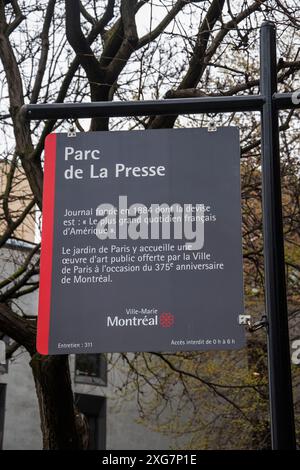 Schild La Presse Park auf der Saint-Antoine Street West im Zentrum von Montreal, Quebec, Kanada Stockfoto