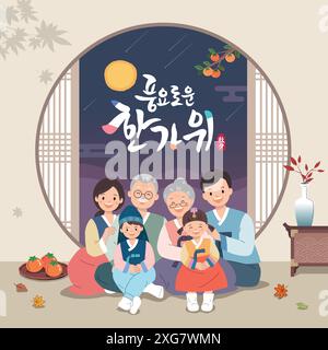 Koreanisches Thanksgiving-Event-Design. Eine große Familie mit traditionellem Hanbok hat eine gute Zeit in einem hanok Haus. Stock Vektor