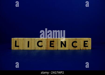 Führerschein mit Holzblöcken Buchstaben auf blauem Hintergrund Stockfoto