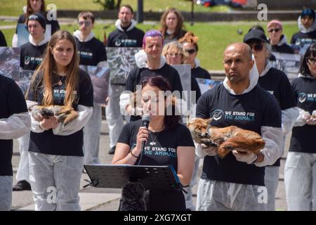 London, England, Großbritannien. Juli 2024. Tierrechtsakteure treffen sich am Marble Arch mit Bildern ausgebeuteter Tiere und echter toter Tiere während des We Stand for the Animals Memorial. Die jährliche Veranstaltung ist eine Gedenkstätte für die Milliarden von Tieren, die von Menschen getötet, misshandelt und für Nahrung, Mode, Jagd, Zoos, Experimente, und alle anderen Bereiche menschlicher Aktivität. Quelle: ZUMA Press, Inc./Alamy Live News Stockfoto