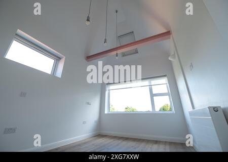 Edwardian House in London: Architekt entwarf minimalistischen Wohnraum mit gewölbtem Dach und freiliegendem Balken in Pink. Das Zimmer ist weiß gestrichen. Stockfoto