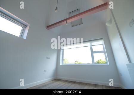 Edwardian House in London: Architekt entwarf minimalistischen Wohnraum mit gewölbtem Dach und freiliegendem Balken in Pink. Das Zimmer ist weiß gestrichen. Stockfoto