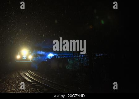 Melbourne, Vic, Australien. 30. Juni 2024. Menschen, die den Zug der Lichter der Puffing Billy Railway in Melbourne genießen. Die Teilnehmer begeben sich auf eine 2,5-stündige Rückfahrt vom Bahnhof Lakeside nach Gembrook. Wenn die Dämmerung einbricht und die kühle Winterluft einsetzt, erwacht der Zug von Puffing Billy Railway mit einer blendenden Anzeige von beweglichen Lichtern, Farben und fesselnden Mustern zum Leben, die die Passagiere vom Komfort der offenen Waggons verzaubern, während sich der Zug auf der historischen Schmalspurbahn schlängelt. Bei der Ankunft an der malerischen Gembrook Station werden die Passagiere zu einem 55-minütigen Halt verwöhnt Stockfoto