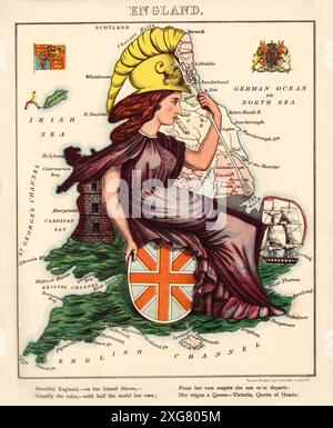 Eine Zeichentrickkarte Englands aus der zweiten Hälfte des 19. Jahrhunderts mit der weiblichen Kriegerin Britannia. Entworfen und gemalt von Elizabeth Lilian Lancaster (1852–1939), einer Amateurkünstlerin, die eine Serie humorvoller Karten europäischer Länder schuf. Stockfoto