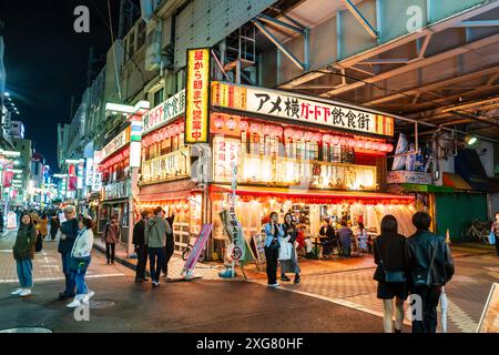 Geschäftiges, überfülltes Nachtleben in der Straßenszene mit einem großen Eckrestaurant, das unter den Bahngleisen im beliebten Ueno Ameyoko Viertel in Tokio gebaut wurde. Stockfoto