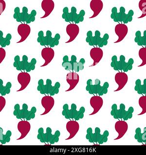 Nahtloses Muster mit Roter Bete auf weißem Hintergrund. Sommertapete mit Gemüse. Illustration der Vektorabwicklung. Stock Vektor