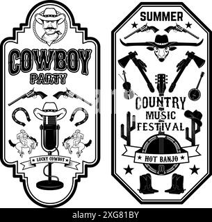 Folk Rock Party. Flyer-Vorlage für das Country Music Festival im Sommer. Cowboys, Banjo, altes Mikrofon. Vektorabbildung. Stock Vektor