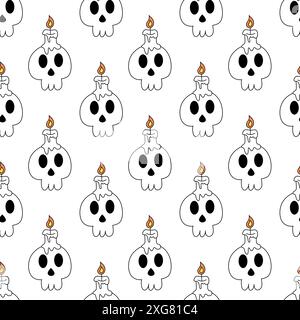 Nahtloses Muster mit Schädelkerze. Menschlicher Schädel mit Kerze oder Kerzenhalter. Hintergrund des Halloween-Symbols. Illustration der Vektorabwicklung. Stock Vektor