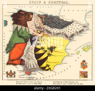 Eine Cartoonkarte Spaniens und Portugals aus der zweiten Hälfte des 19. Jahrhunderts mit einem Hinweis auf den Wunsch nach friedlichen Beziehungen zwischen den beiden Ländern. Entworfen und gemalt von Elizabeth Lilian Lancaster (1852–1939), einer Amateurkünstlerin, die eine Serie humorvoller Karten europäischer Länder schuf. Stockfoto