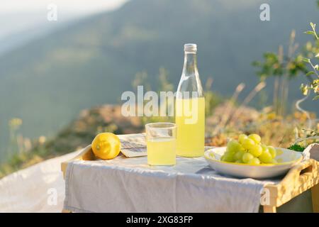 Eine ruhige Sommer-Picknickszene mit Limonade, einer Zitrone und Trauben auf einem Tisch vor einer natürlichen Kulisse Stockfoto