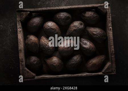 Alte geschwärzte braune Avocados in einer alten Holzkiste - schöner dunkler schwarz strukturierter Hintergrund, Blick von oben. Stockfoto