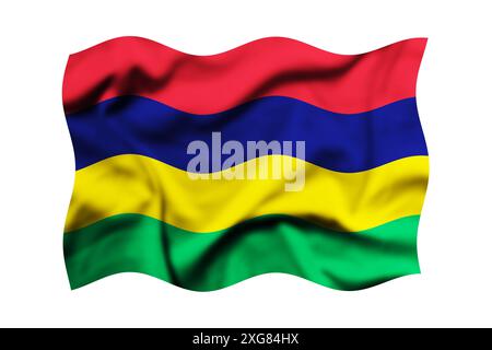 Die Flagge von Mauritius auf weißem Hintergrund schwenken. 3D-Rendering. Beschneidungspfad Enthalten Stockfoto