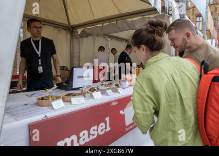 7. Juli 2024, Berlin: Am 7. Juli 2024 veranstaltete die Jüdische Gemeinde Berlin das 3. Kosher Street Food Festival. Die Veranstaltung fand im Innenhof der Neuen Synagoge in der Oranienburger Straße statt und zog Besucher an, die die reichen kulinarischen Traditionen der jüdischen Küche kennenlernen wollten. Mehr als 30 Imbissstände bieten 100 % koschere Speisen und Getränke an und begeisterten die Besucher mit verschiedenen Geschmacksrichtungen, die von klassischen Favoriten bis hin zu innovativen neuen Gerichten reichen. Das Festival, das freien Eintritt bot, war eine lebhafte Feier der Kultur, des Essens und der Gemeinschaft. Familien genossen eine Vielzahl von Unterhaltungsmöglichkeiten, Ensur Stockfoto