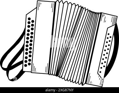 Russisches Volksinstrument. Ein Akkordeon mit Knöpfen und einem Gürtel, gezeichnet in Vektor in Schwarz auf weißem Hintergrund. Geeignet zum Bedrucken von Postern. Stock Vektor