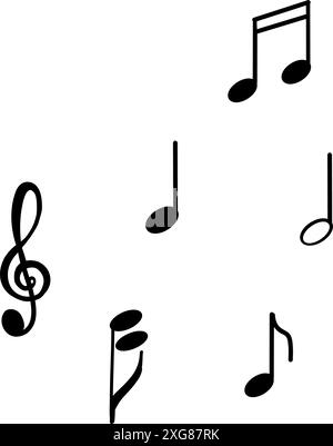 Noten, Dreifachschlüssel. Alle Objekte werden im Vektor in Schwarz auf weißem Hintergrund gezeichnet. Geeignet für das Bedrucken von Postern, Einladungen, Karten. Stock Vektor