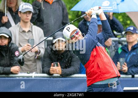 07 Juli 2024, Bayern, München/Eichenried: Golf: BMW International Open, Runde 4, Schottland Ewen Ferguson schlägt ab. Foto: Ulrich Gamel/kolbert-Press/dpa Stockfoto