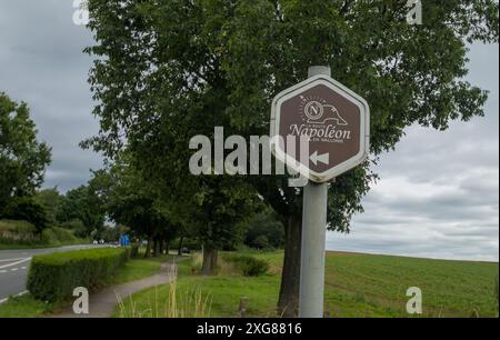 Ein Schild markiert die Route Napoleon in der Nähe von Waterloo, Belgien Stockfoto