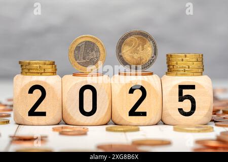 7. Juli 2024: Würfel mit dem Jahr 2025, umgeben von Euro-Münzen. Finanz- und Investitionskonzept für das Geschäftsjahr 2025 FOTOMONTAGE *** Würfel mit der Jahreszahl 2025 umgeben von Euro Geldmünzen. Finanzen und Investition Konzept für das Geschäftsjahr 2025 FOTOMONTAGE Stockfoto