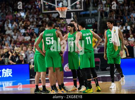 RIGA, Lettland. Juli 2024. FIBA OLYMPISCHES Qualifikationsspiel 2024 zwischen der Mannschaft Lettland und der Mannschaft Brasilien. Quelle: Gints Ivuskans/Alamy Live News Stockfoto