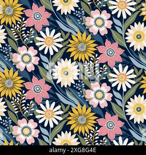 Nahtloses Muster von Fantasy-Blumen in gedämpften Farben Blau, Gelb, weiß und Rosa. Tapetendesign für Textilien, Papiere, Drucke, Mode, Schönheitsprodukte, Umhüllungen, Verpackungen. Stock Vektor