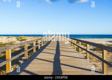 Sanddünen bei Sonnenuntergang und eine lange Holzpromenade führt zum Strand, bewölkter Himmel im Hintergrund Stockfoto