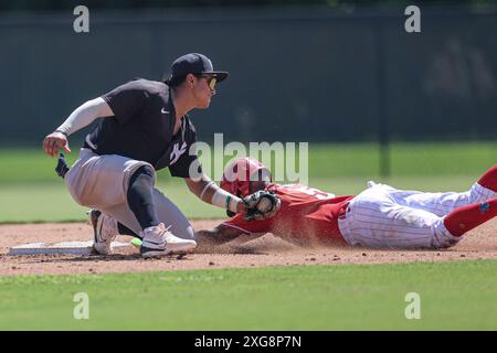 Clearwater FL USA; FCL Phillies Shortstop Starlyn Caba (5) beim Diebstahl der zweiten Basis von Edgleen Perez (33) zum Shortstop Juan Ma Stockfoto