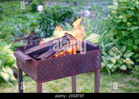 Rustikaler Metallgrill mit Feuerflamme. Brennendes Brennholz in einem Grill im Garten auf grünem Rasen Stockfoto