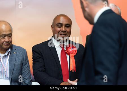 Sieger des Labour-Kandidaten David Burton-Sampson bei den Parlamentswahlen 2024 in Southend on Sea, Essex, Großbritannien. Ergebnisse Stockfoto