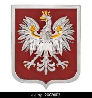 Wappen Polens. Gekrönter Adler mit goldenem Schnabel und Krallen, auf rotem Hintergrund - 3D-Rendering Stockfoto