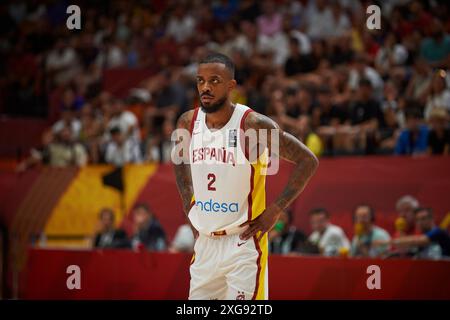 Lorenzo Brown aus Spanien wurde während des Spiels zwischen Spanien und Bahamas bei Pabellon Fuente de San Luis in Aktion gesehen. Endpunktzahl; Spanien 86: 78 Baha Stockfoto