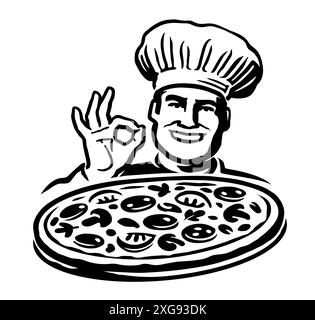 Der Koch kocht mit Pizza und gibt OK leckere Gesten. Emblem des italienischen Restaurants. Vektorabbildung Stock Vektor