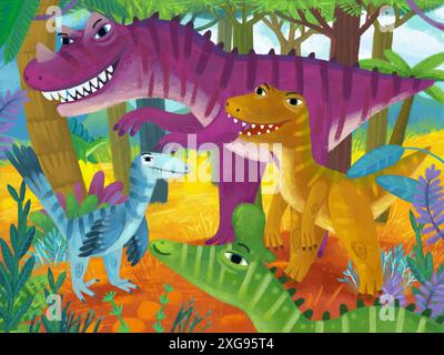 Zeichentrickszene mit fröhlichen prähistorischen Dinosaurier-Dinos, die im Dschungel-Wald leben, Illustration für Kinder Stockfoto