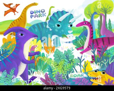 Zeichentrickszene mit fröhlichen prähistorischen Dinosaurier-Dinos, die im Dschungel-Wald leben, Illustration für Kinder Stockfoto