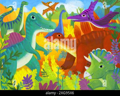 Zeichentrickszene mit fröhlichen prähistorischen Dinosaurier-Dinos, die im Dschungel-Wald leben, Illustration für Kinder Stockfoto