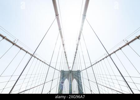 Weitwinkelansicht der Brooklyn Bridge in New York City. Diese dramatische Perspektive zeigt die architektonische Pracht der ikonischen Brücke, ganz oben Stockfoto